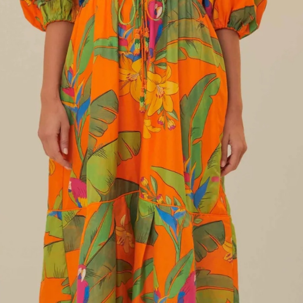 NWT! Farm Rio Fresh Macaws Orange midi dress